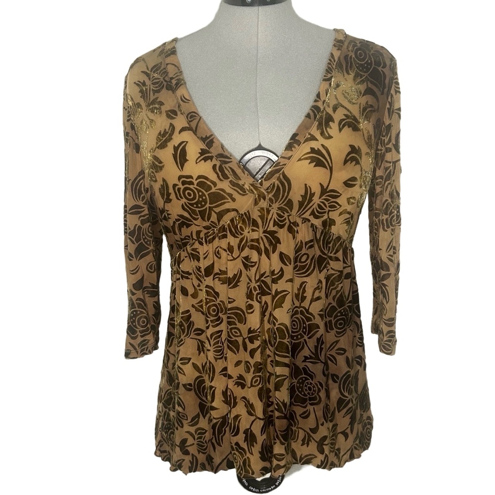 Vintage Y2K Surrealist Brown Tan Velvet Floral Blouse